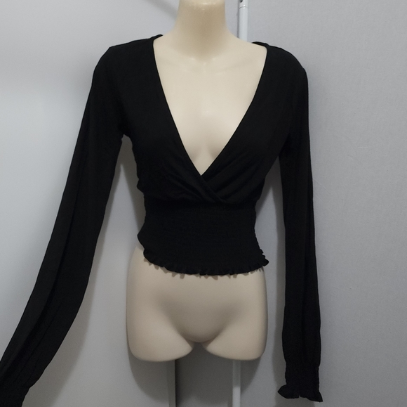 Aus S Glassons Black Wrap Front Long Sleeve Stretch Crop Top - Picture 3 of 16